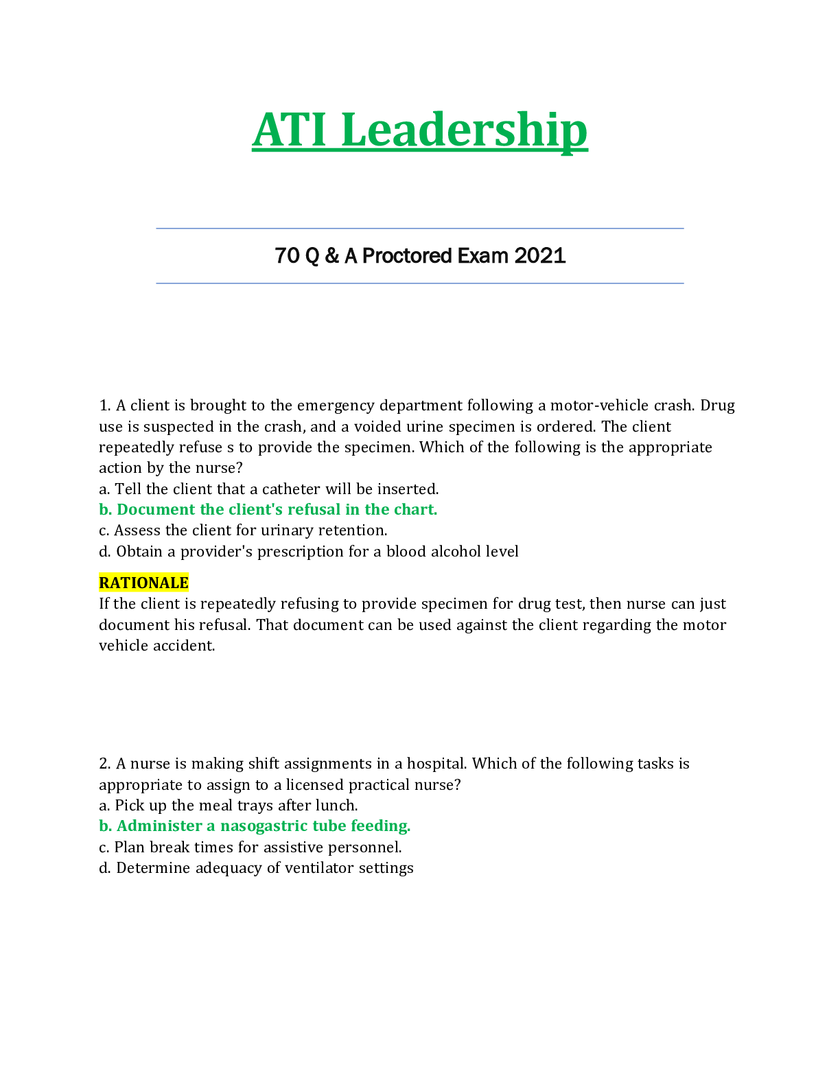 Preview image for ATI Leadership Proctored Exam. Detailed 70 Questions And 100% Correct Answers.